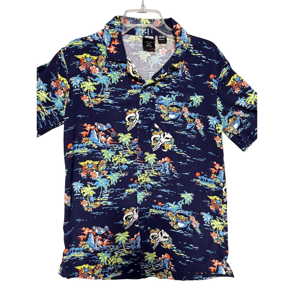 Star Wars Mandalorian Grogu Baby Yoda Hawaiian Shirt Navy Blue Mens Small SM P C